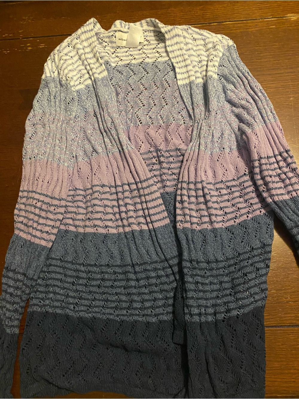 Alfred Dunner Lavender, Navy & White Open-Front Striped Cardigan